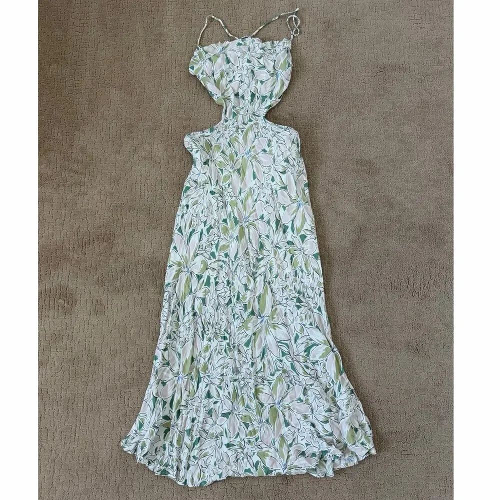 Sundae Muse Aloe Floral Cut Out Tie Back Maxi Dress White Green 10 - Picture 3 of 6